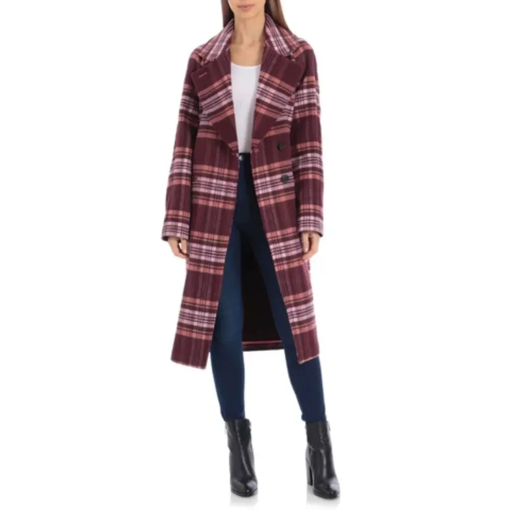 AVEC LES FILLES‎ Plaid Oversized Double Face Coat Pink Burgundy XS